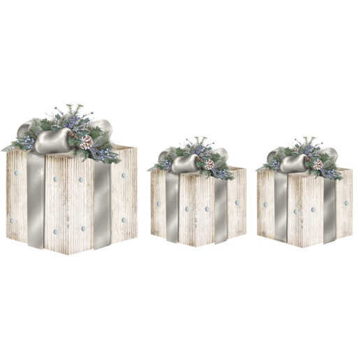 Alpine Cool White LED Distressed Wood with Silver Ribbon Christmas Gift Box Set (3-Piece)